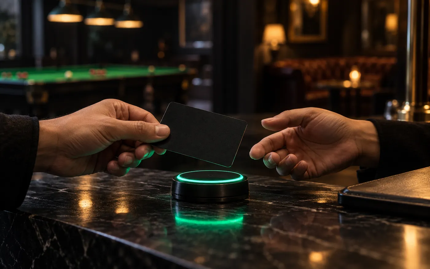 Member presenting a QR membership card on a phone at a snooker lounge counter