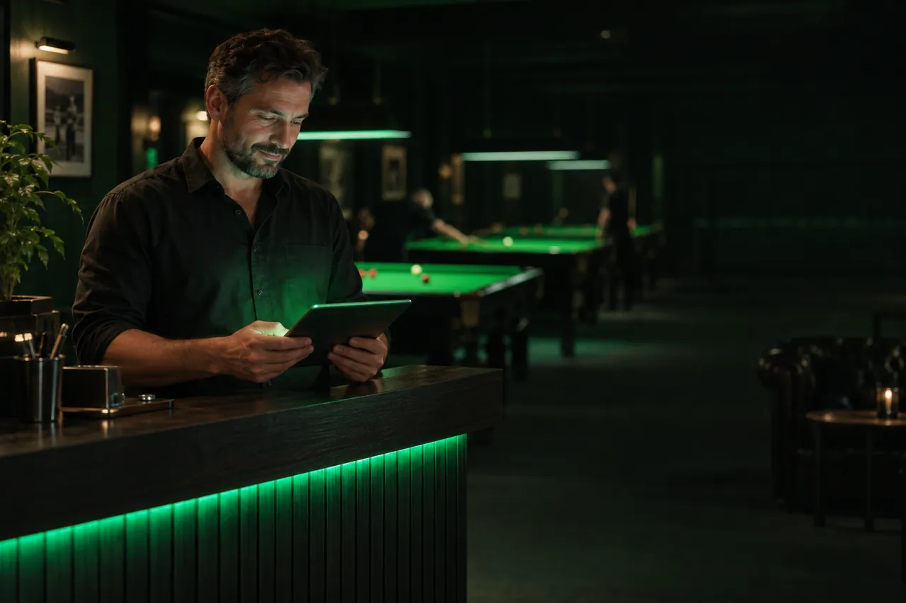 Lounge owner checking the night on a tablet at the counter