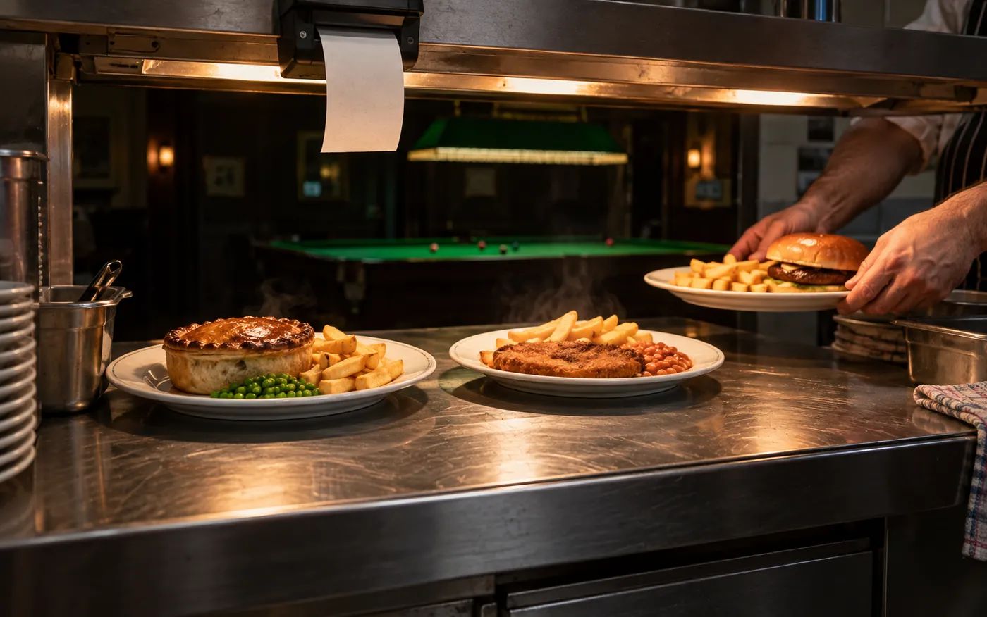 Food being plated at the lounge kitchen pass