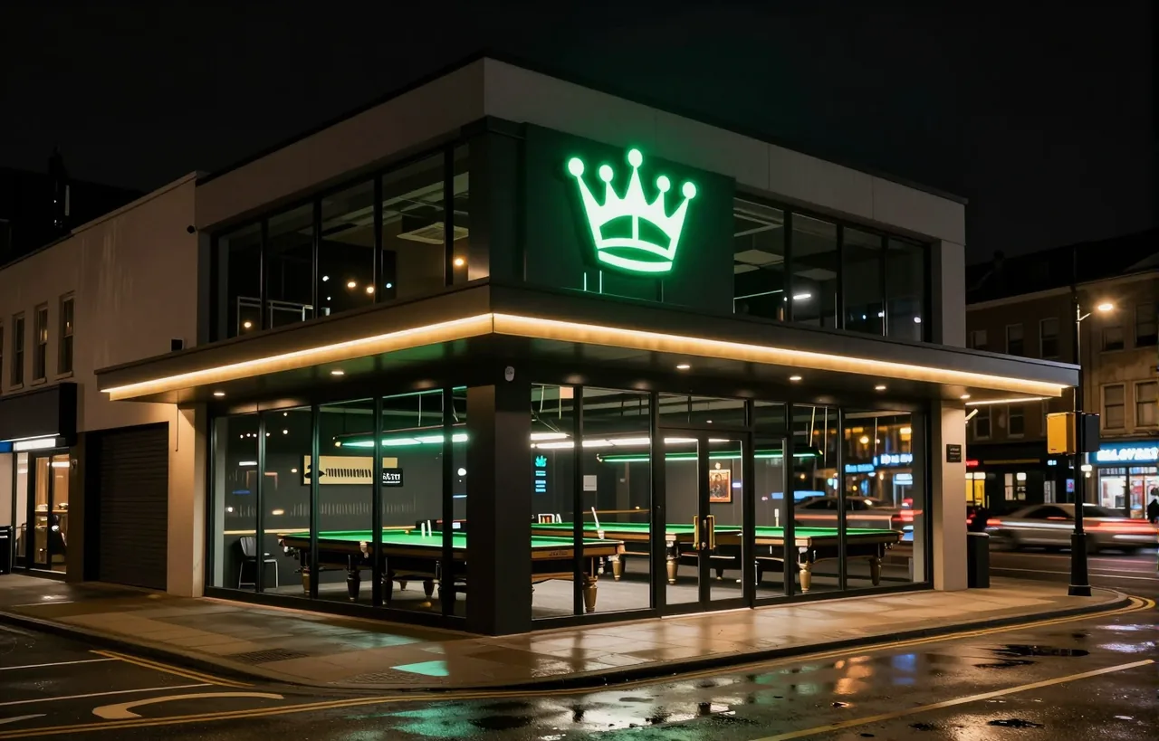 Snooker King lounge storefront at night