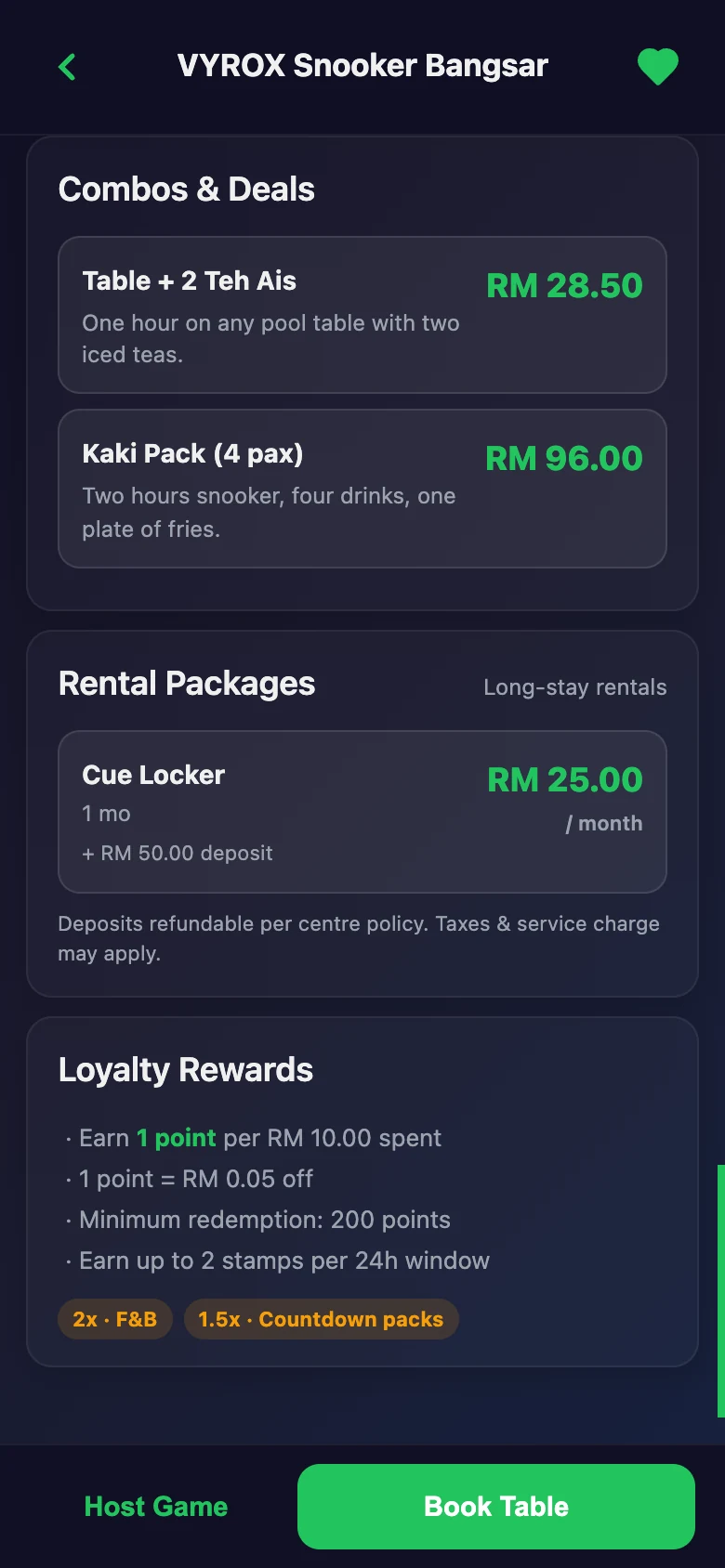 Loyalty stamp card and combo rewards in the Snooker King member app