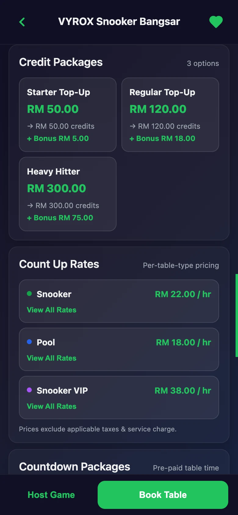 Credit top-up packages in the Snooker King member app