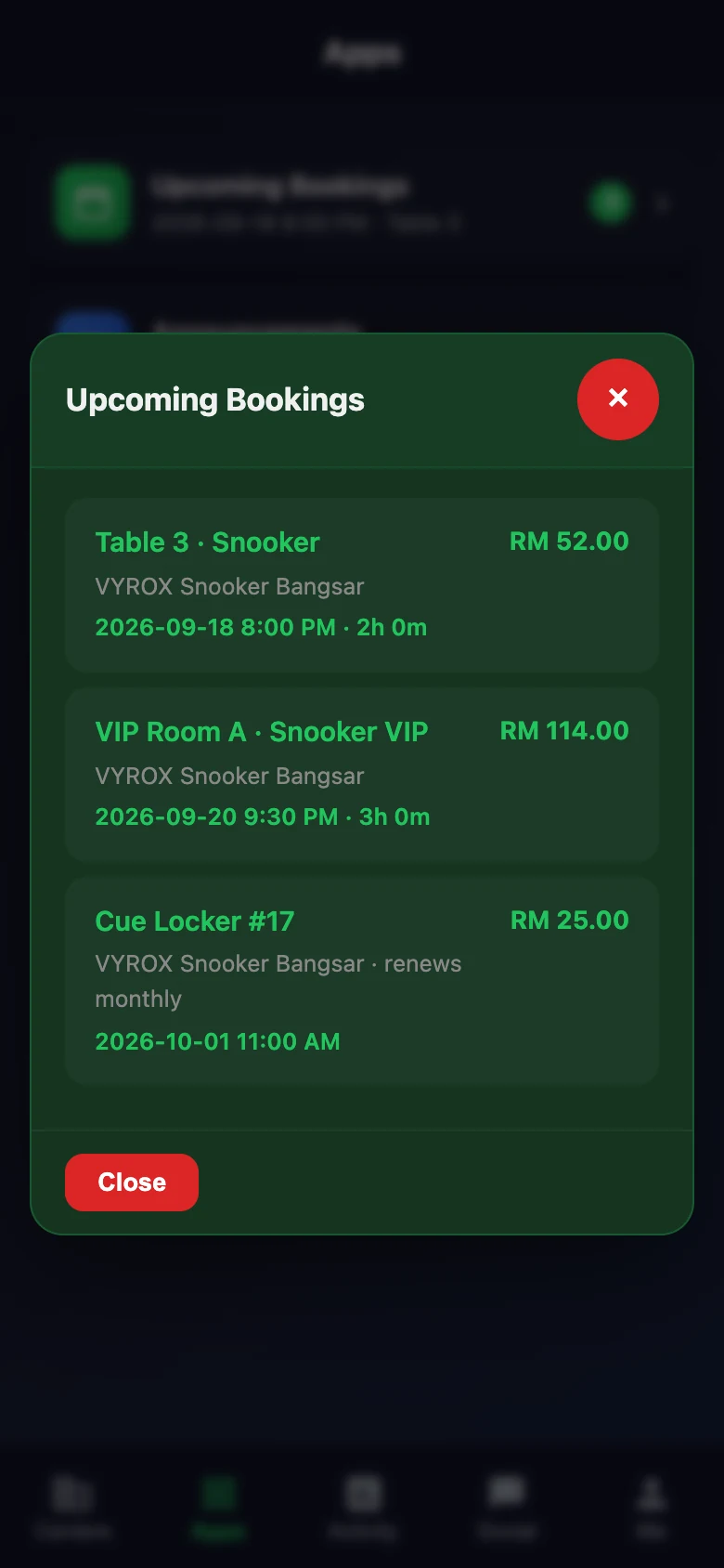 My bookings list in the Snooker King member app
