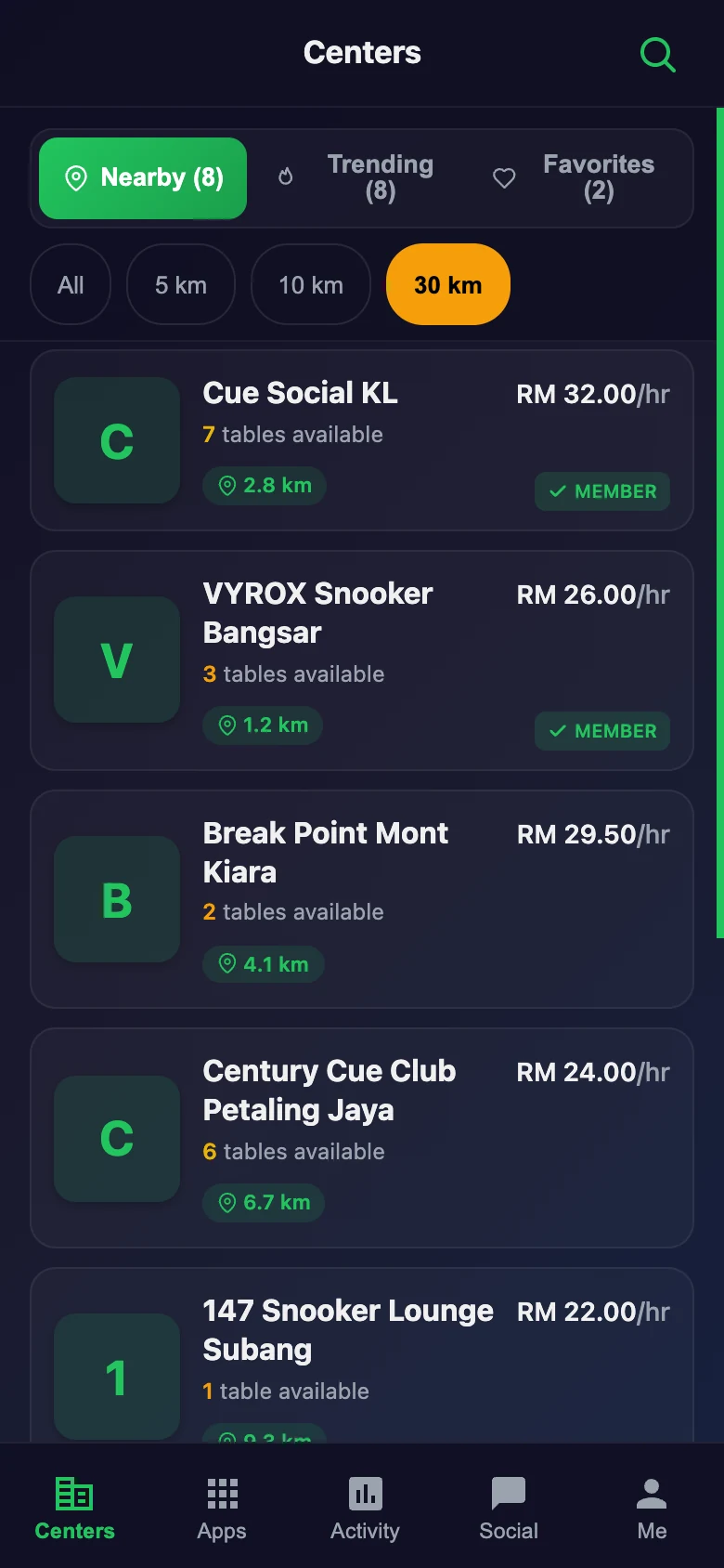 Nearby lounges map in the Snooker King member app