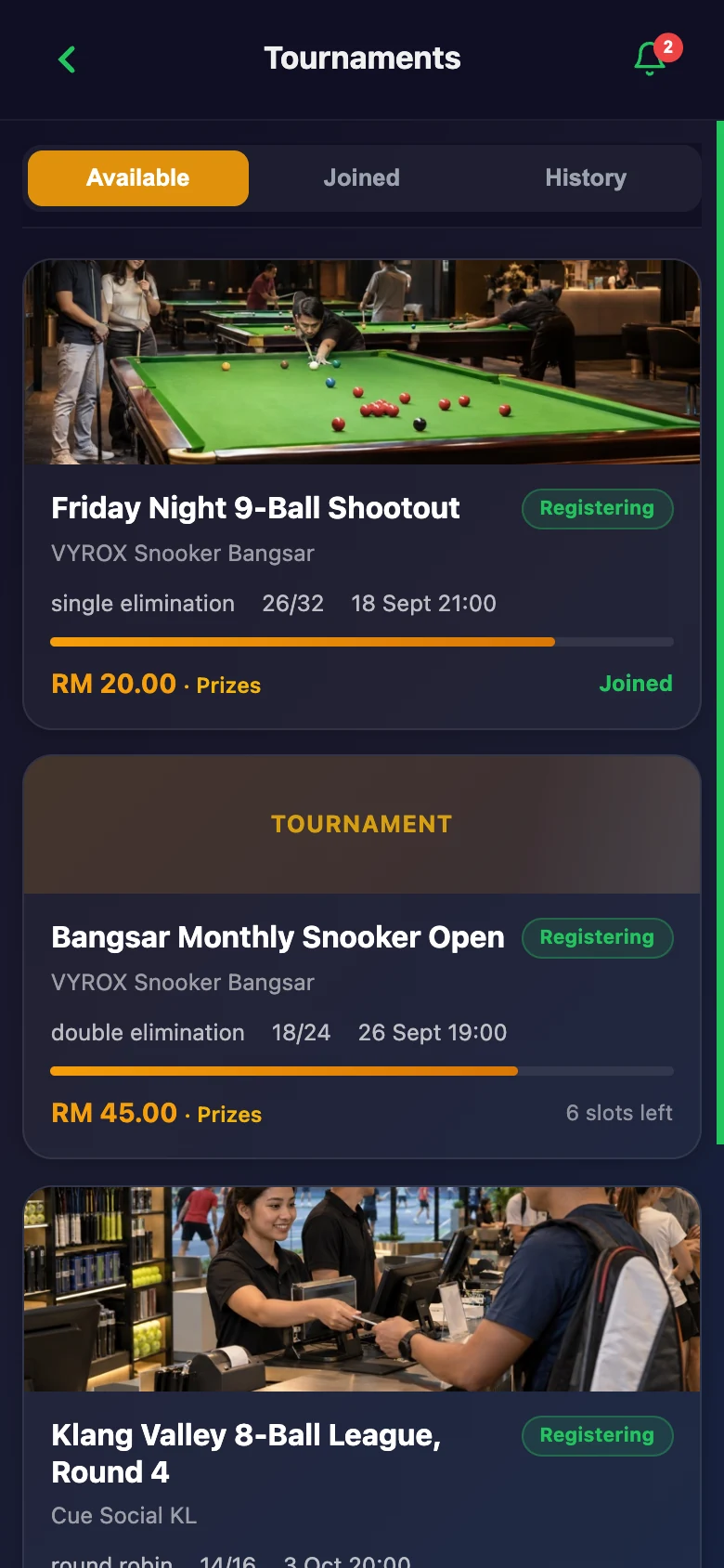 Tournaments list in the Snooker King member app