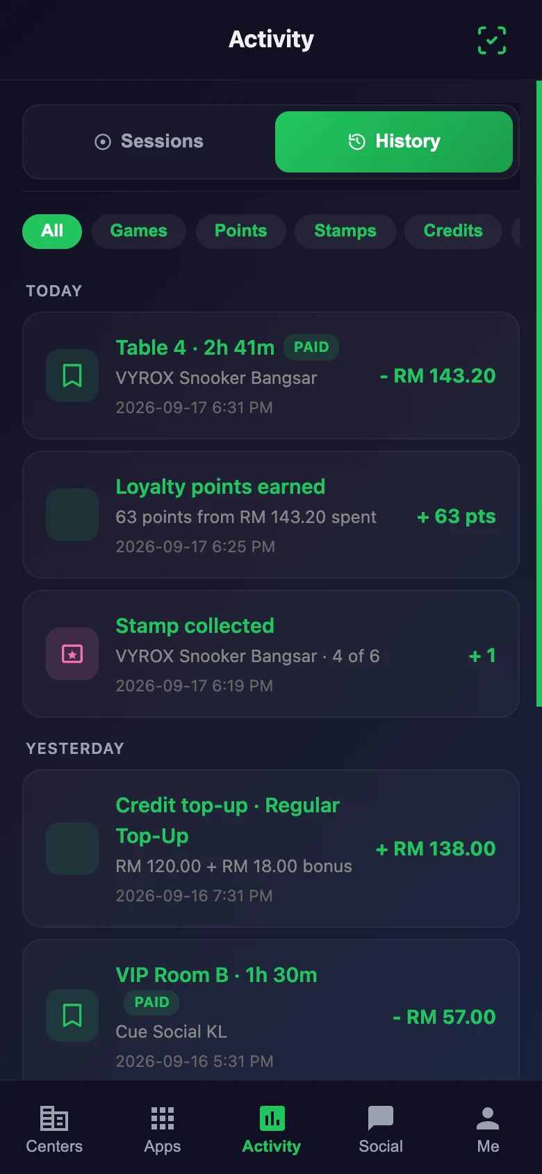 Wallet transaction history in the Snooker King member app